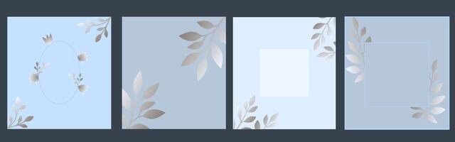 Minimalistic designs with silver leaves on light blue backgrounds, featuring oval and square frames. Leaves frame. templates for invitations or greeting cards. vector