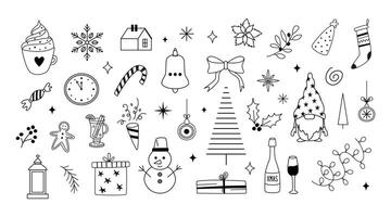 Christmas and New Year linear icons and doodles. Hand-drawn festive line art. Outline sketch isolated on white background. Winter holidays season. vector
