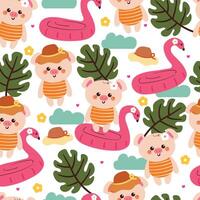 seamless pattern cartoon pig with summer vibes and stuff. cute summer wallpaper for fabric print, gift wrap paper vector
