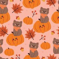 seamless pattern cartoon cat with autumn vibes. cute autumn fall wallpaper for fabric print, gift wrap paper vector