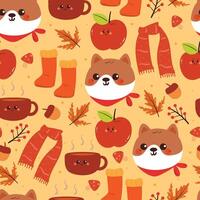 seamless pattern cartoon puppy with autumn vibes. cute autumn fall wallpaper for fabric print, gift wrap paper vector