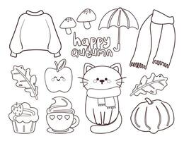 coloring page cartoon autumn vibes sticker set. cute sticker and doodle for coloring book vector