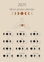 Moon phases calendar 2025 with a girl line. Waning gibbous, Waxing crescent, New moon, Full moon with dates. vector