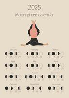 Moon phases calendar 2025 with a girl doing yoga. Waning gibbous, Waxing crescent, New moon, Full moon with dates. vector