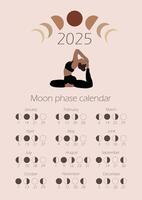 Moon phases calendar 2025 with a girl doing yoga. Waning gibbous, Waxing crescent, New moon, Full moon with dates. vector