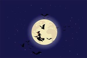 Witch riding a broomstick floating in the sky on Halloween night. A flock of bats was flying amidst the moonlight shining from the large moon. vector