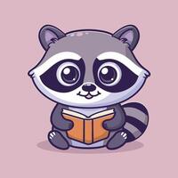 Cute cartoon raccoon reading a book with a happy expression on a pink background. vector