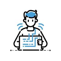 Illustration of a young man coding on a laptop with a blue and white color scheme. vector