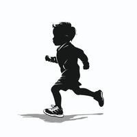 Silhouette of a young boy running, captured mid-stride against a white background. vector