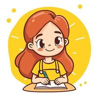 sonriente niña con rojo pelo dibujo en papel en contra un amarillo antecedentes. vector