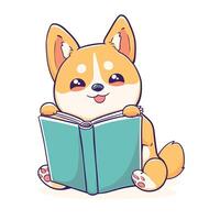 Adorable cartoon corgi puppy reading a teal book with an enthusiastic expression, illustrated in a cute and colorful style. vector