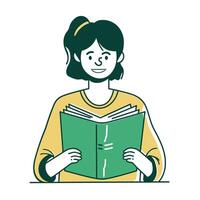 Smiling woman with ponytail reading green book, illustrated in minimalist style with yellow and green color palette vector