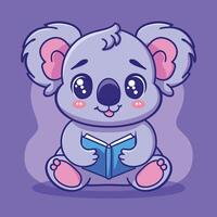 Cute cartoon koala reading a book with a happy expression on a purple background. vector