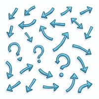 A scattered arrangement of blue arrows and question marks on a white background. vector