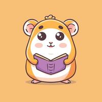 Adorable cartoon hamster holding a book with a happy expression on a beige background. vector