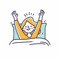 Cheerful cartoon character stretching arms upon waking, expressing joy and energy in a simple, colorful illustration style. vector