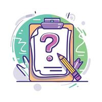 Colorful illustration of clipboard with question mark and pencil, symbolizing curiosity and problem-solving in a whimsical style vector