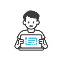 Illustration of a young man holding a tablet with a blue abstract design on the screen, depicted in black and white. vector