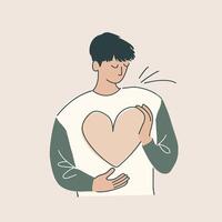 Minimalist illustration of young man embracing heart shape, symbolizing self-love and emotional well-being on neutral background vector