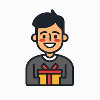 Cheerful cartoon character holding a wrapped gift, expressing joy with a bright smile and rosy cheeks in a minimalist icon style. vector