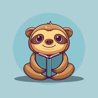 Cute cartoon sloth sitting and reading an open book on a blue background. vector