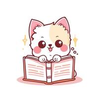 Adorable cartoon kitten reading a book with sparkling enthusiasm, illustrated in a cute and whimsical style vector
