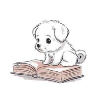Adorable cartoon puppy perched on an open book, combining cuteness with a hint of curiosity and learning. vector