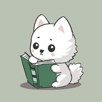 Adorable cartoon white cat reading a green book, illustrated with a cute, simple style on a soft sage background. vector