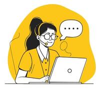 Female customer support representative working on a laptop, wearing a headset, with a speech bubble indicating communication. vector