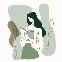 Minimalist illustration of a woman reading a book, depicted in soft green and earth tones with flowing, abstract shapes vector