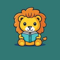 Cute cartoon lion reading a book, sitting with a focused expression. vector