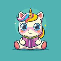 Cute cartoon unicorn reading a book, with a colorful mane and horn, against a teal background. vector