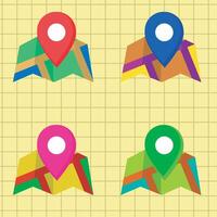 illustration of four map icons with location markers in red, blue, green and pink. The checkered pattern and bright colors give a modern and functional impression to the navigation design. vector