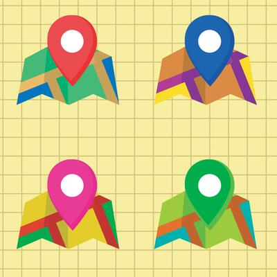 illustration of four map icons with location markers in red, blue, green and pink. The checkered pattern and bright colors give a modern and functional impression to the navigation design.
