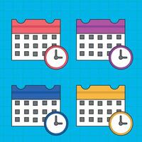 Collection of calendar icons with clock. has different colors red, purple, blue, and yellow with a simple and modern design. The background is light blue. Icons are used for schedules, dates, times, vector