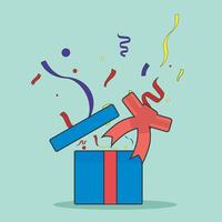 illustration of a blue gift box with an open red ribbon, accompanied by colorful confetti, creating a cheerful atmosphere of celebration and full of surprises. vector