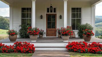 Scenic view from porch with red flowers and green fields. photo