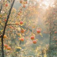 Ripe apples hanging on tree branches in autumn sunlight photo