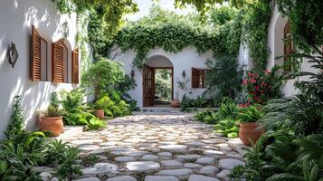 Charming courtyard with lush greenery and rustic charm photo
