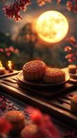 Stack of mooncakes with glowing full moon in background photo
