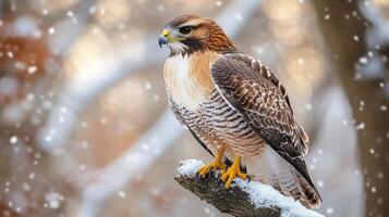 Red tailed hawk perched on a snow covered branch during snowfall photo