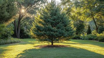 Single pine tree standing on grass in a garden setting at sunset photo