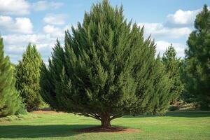 Single pine tree standing on grass in a garden setting at sunset photo