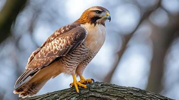 Red tailed hawk perched on a snow covered branch during snowfall photo
