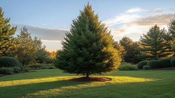 Single pine tree standing on grass in a garden setting at sunset photo