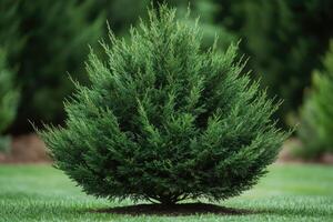 Single pine tree standing on grass in a garden setting at sunset photo