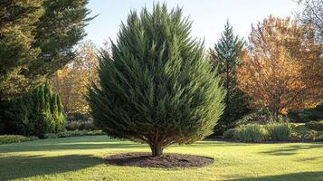 Single pine tree standing on grass in a garden setting at sunset photo