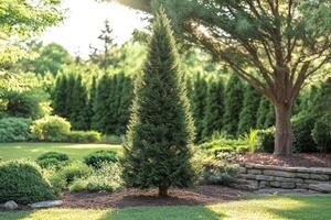 Single pine tree standing on grass in a garden setting at sunset photo