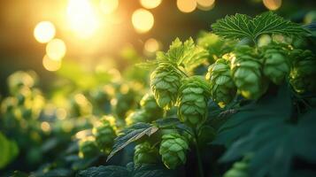 Common hop growing in a field at sunset illuminating the cones photo