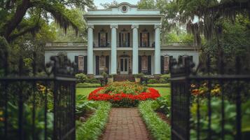 Beautiful southern style mansion with ornate ironwork at sunset photo